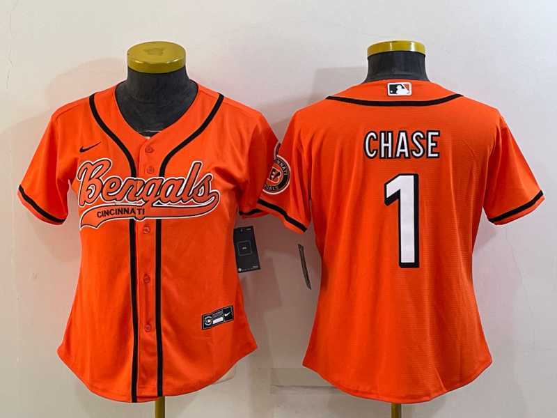 Women%27s Cincinnati Bengals #1 JaMarr Chase Orange With Patch Cool Base Stitched Baseball Jersey->women nfl jersey->Women Jersey